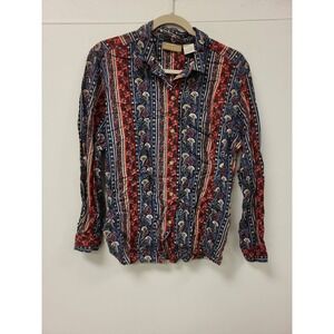 Liz Claiborne L‎ Shirt Rayon Button Up Long Sleeve Blue Red Paisley Blouse Top